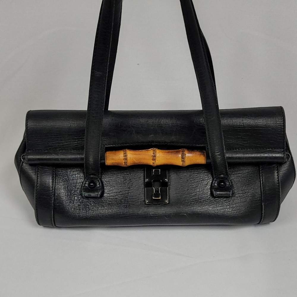 GUCCI Black Leather Bamboo Bullet Bag